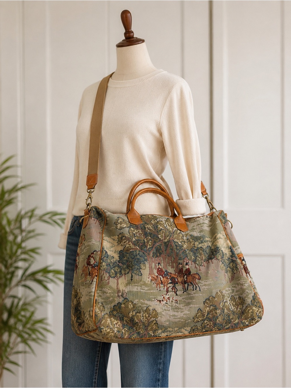 Vintage Accessories Unlimited Tapestry Weekender Bag Equestrian Hunt Scene